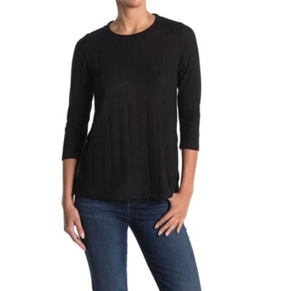 Bobeau Women's Crew Neck Wide Ribbed Knit 3/4 Sleeve Top in Black XSmall